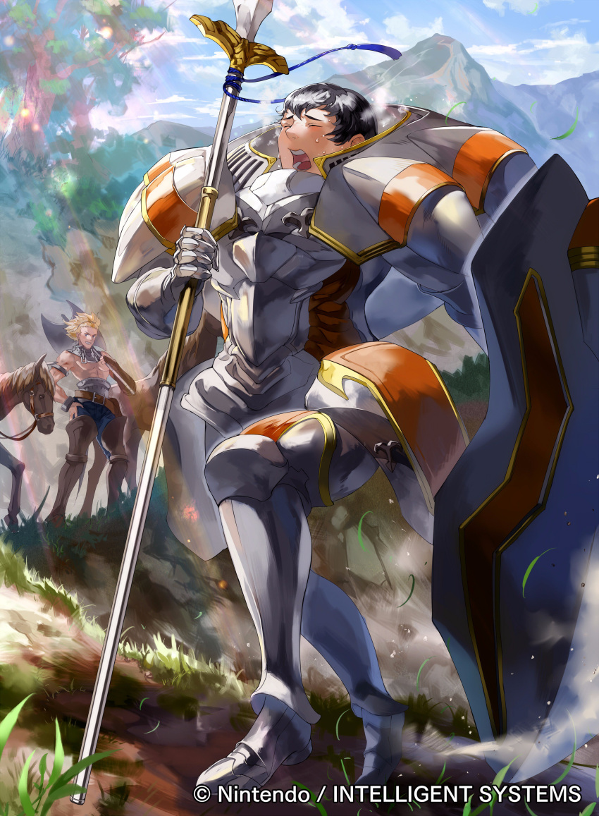 2boys, absurdres, armor, axe, black_hair, blonde_hair, closed_eyes, fire_emblem, fire_emblem_awakening, fire_emblem_cipher, highres, holding, holding_lance, holding_polearm, holding_shield, holding_weapon, horse, kellam_(fire_emblem), lance, mayo_(becky2006), mountain, multiple_boys, open_mouth, outdoors, polearm, shield, vaike_(fire_emblem), weapon