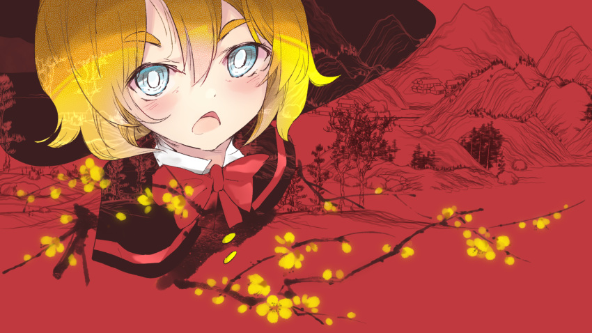 1girl, architecture, bangs, black_capelet, black_headwear, blonde_hair, blue_eyes, blush