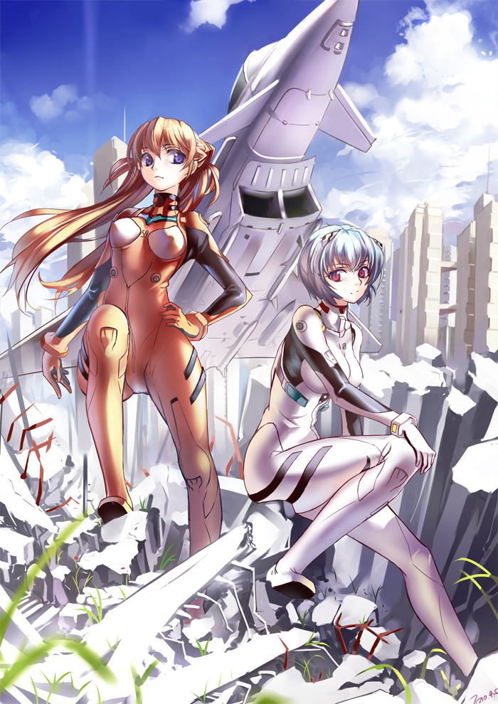 ayanami_rei, blue_hair, brown_hair, ef_typhoon, eurofighter_typhoon, jet, long_hair, miyazaki_byou