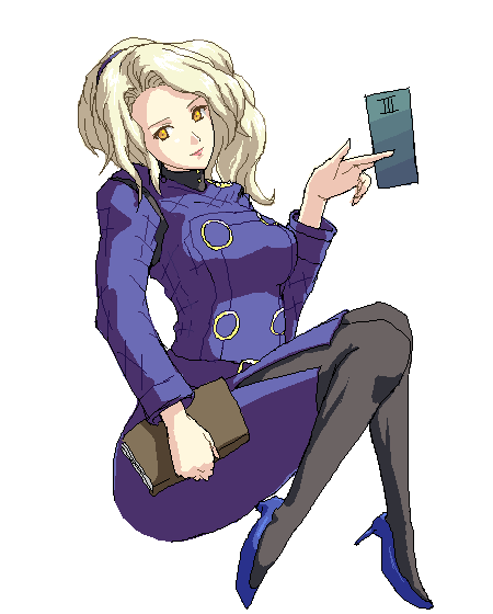 blonde_hair, book, cards, coat, female, high_heels, l_(pixiv38992), long_hair, margaret, miniskirt, pantyhose, persona, persona_4, skirt, solo, yellow_eyes