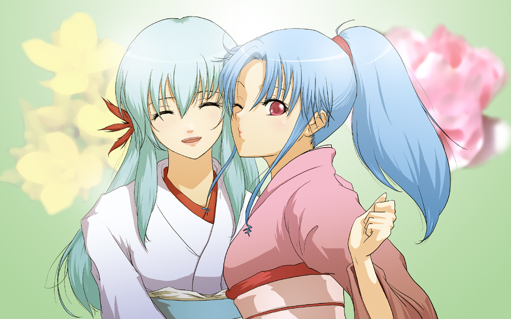 blue_hair, botan_(yu_yu_hakusho), botan_(yuu_yuu_hakusho), closed_eyes, duck_face, female, green_hair, japanese_clothes