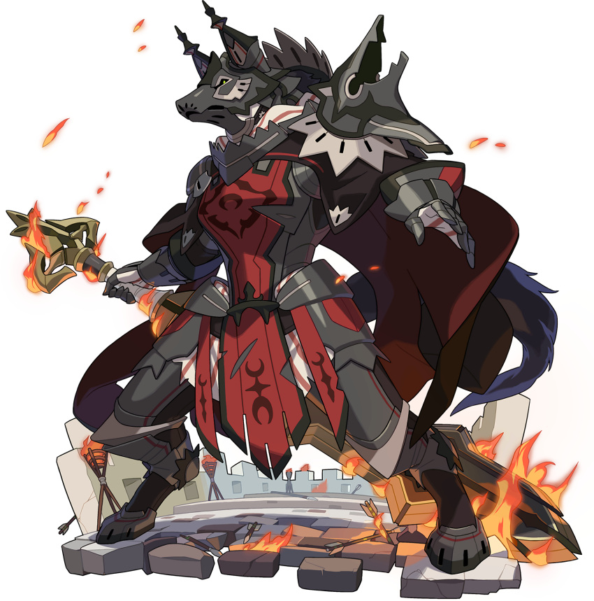 1boy, animal_ears, armor, armored_boots, arrow_(projectile), artist_request, black_cape, black_footwear, black_fur, black_gloves, body_fur, boots, breastplate, cape, castle, embers, faulds, flaming_weapon, full_armor, full_body, furry, gauntlets, gloves, greaves, green_eyes, helm, helmet, highres, holding, holding_sword, holding_weapon, huge_weapon, knight, legs_apart, looking_at_viewer, male_focus, non-web_source, official_art, outdoors, rolf_(world_flipper), shoulder_armor, solo, standing, sword, tabard, tail, transparent_background, two-sided_cape, two-sided_fabric, weapon, wolf_boy, wolf_ears, wolf_tail, world_flipper