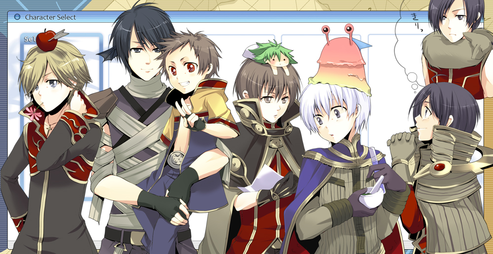 1girl, 6+boys, alchemist_(ragnarok_online), animal_around_neck, apple, apple_on_head, armor, arrow_through_apple