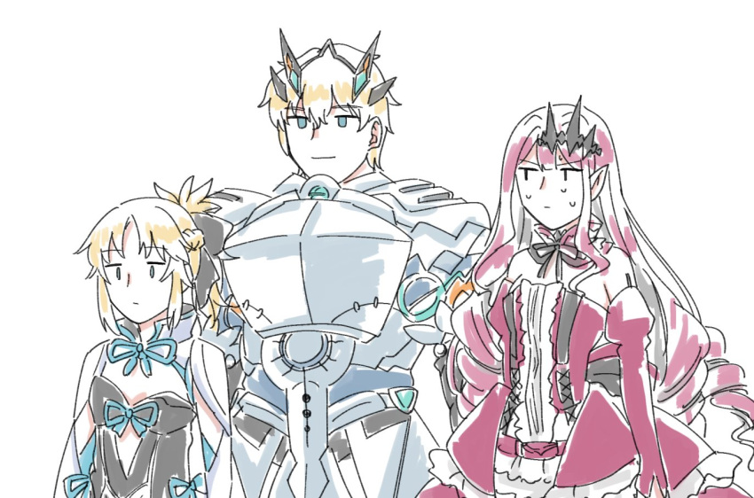 1boy, 2girls, armor, blank_stare, blonde_hair, bow, cosplay, dress, fate/grand_order, fate_(series), gawain_(fairy_knight)_(fate), gawain_(fairy_knight)_(fate)_(cosplay), gawain_(fate), mordred_(fate), mordred_(fate)_(all), morgan_le_fay_(fate), morgan_le_fay_(fate)_(cosplay), multiple_girls, pe6n1, pink_hair, pointy_ears, ponytail, red_dress, smile, sweat, tristan_(fairy_knight)_(fate), white_background