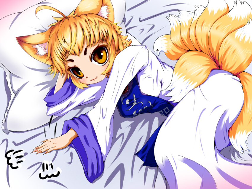 animal_ears, bed, fox_ears, fox_tail, multiple_tails, no_hat, no_headwear, ponnu