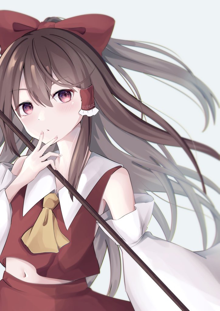 1girl, :/, ascot, bare_shoulders, blurry, blush, bow, brown_hair