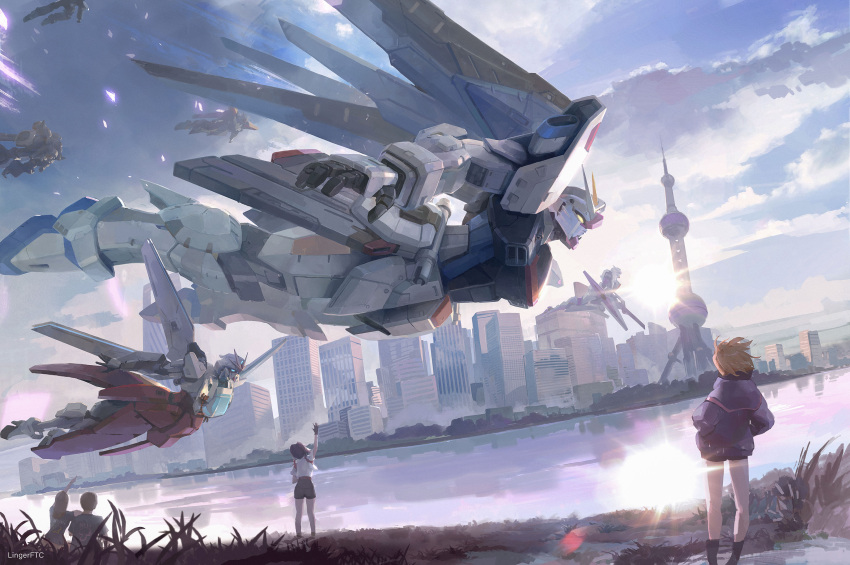 3girls, absurdres, after_war_gundam_x, black_gloves, blue_eyes, flying, freedom_gundam, gloves