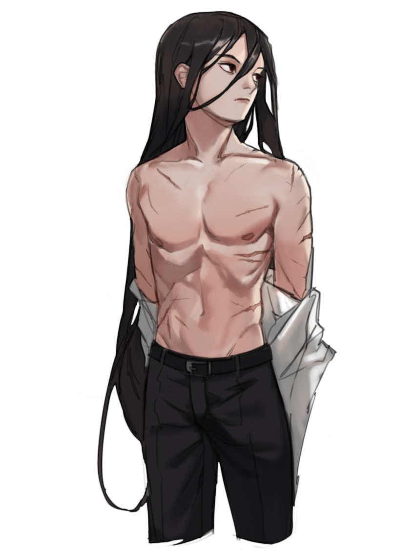 1boy, bangs, bare_shoulders, belt, black_belt, black_hair, black_pants, brown_eyes