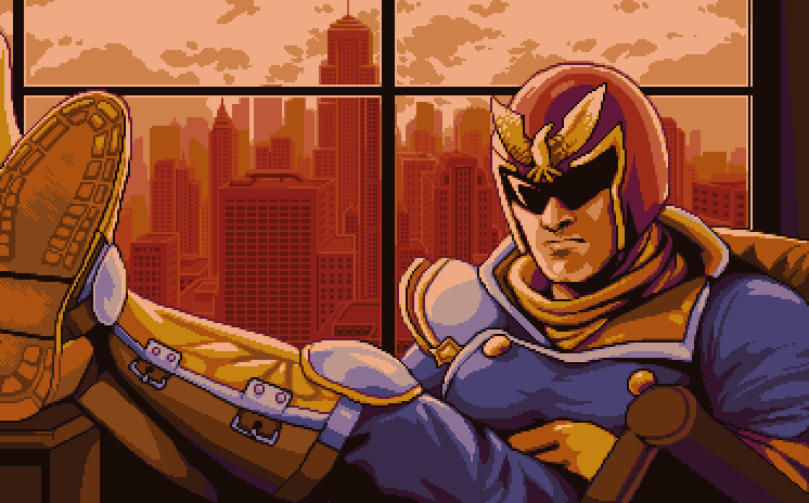 1boy, artist_request, building, captain_falcon, chair, cityscape, dusk, f-zero