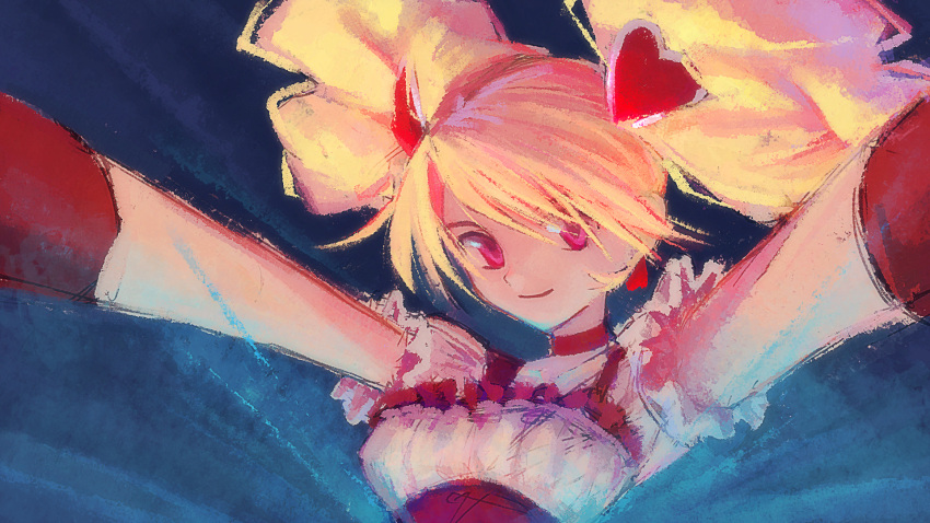 1girl, blonde_hair, blue_background, choker, cure_peach, dress, ffgghhjj, fresh_precure!