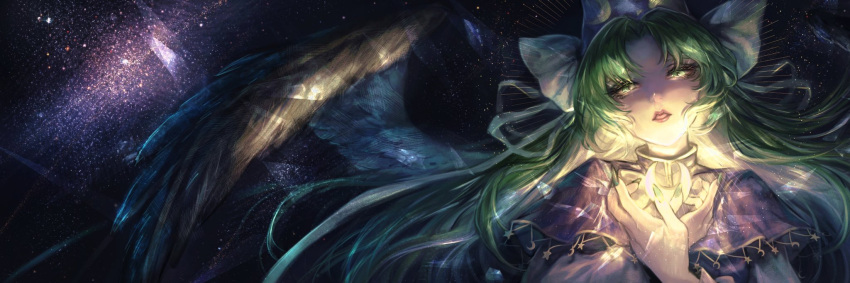 1girl, crescent, crescent_print, dark_background, glowing, green_eyes, green_hair, hat