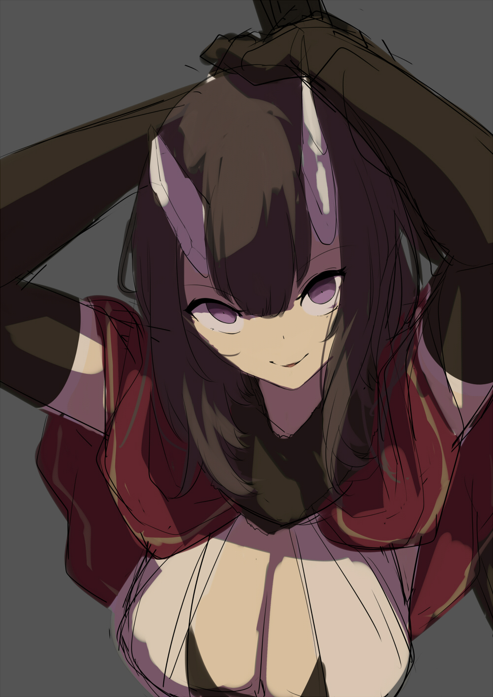 1girl, black_bra, black_hair, bra, breasts, capelet, demon_girl, demon_horns