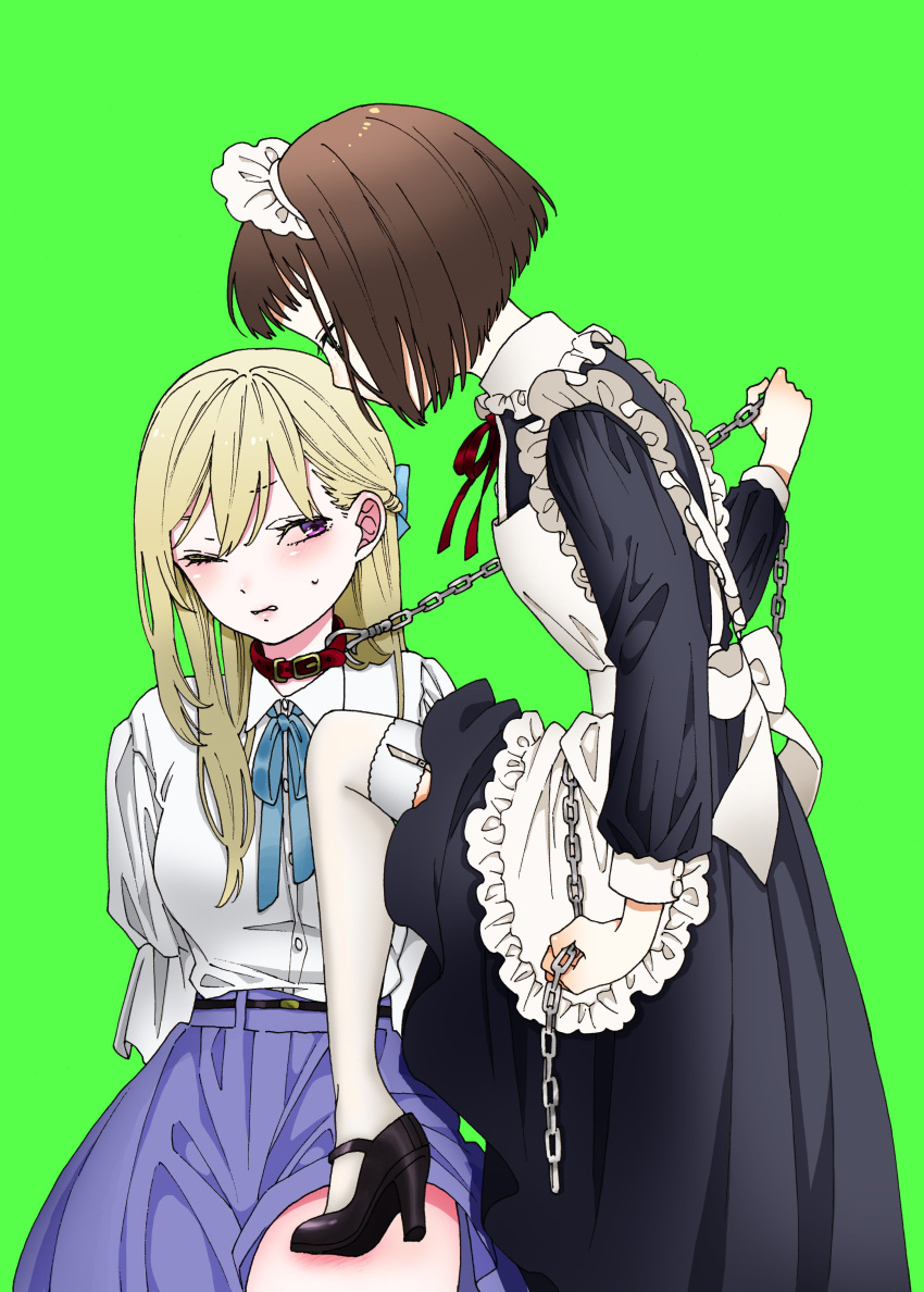 2girls, absurdres, apron, asian, bdsm, belt_collar, black_dress, black_footwear