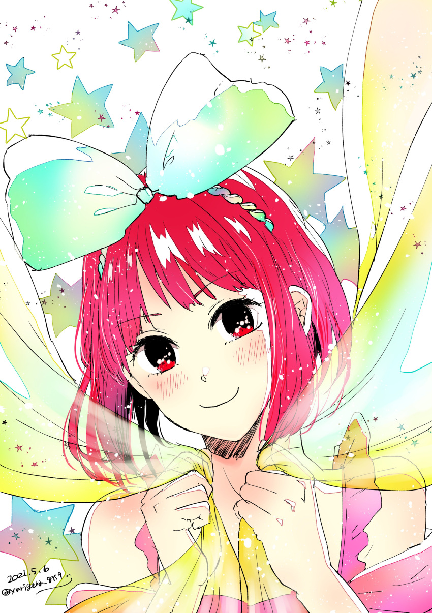 1girl, absurdres, arima_kana, bangs, bare_shoulders, big_ribbon, blush, colored_skin, dress, ears, hair_ribbon, highres, holding_hands, oshi_no_ko, pink_dress, red_eyes, redhead, ribbon, signature, smile, star, white_skin, yurigera_8959