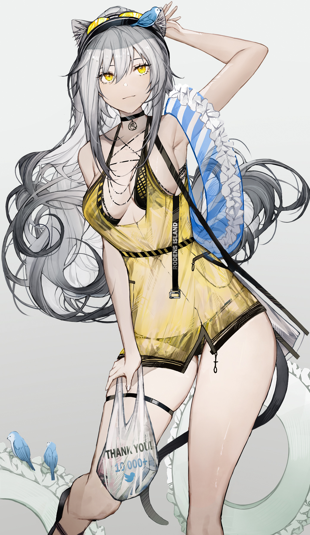 1girl, animal, animal_ears, animal_on_head, arknights, bag, bikini, bird
