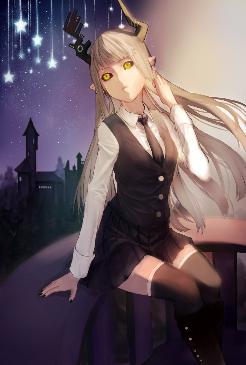 1girl, bangs, black_sclera, colored_sclera, demon_girl, demon_horns, ear_piercing, ebon_(7841327)