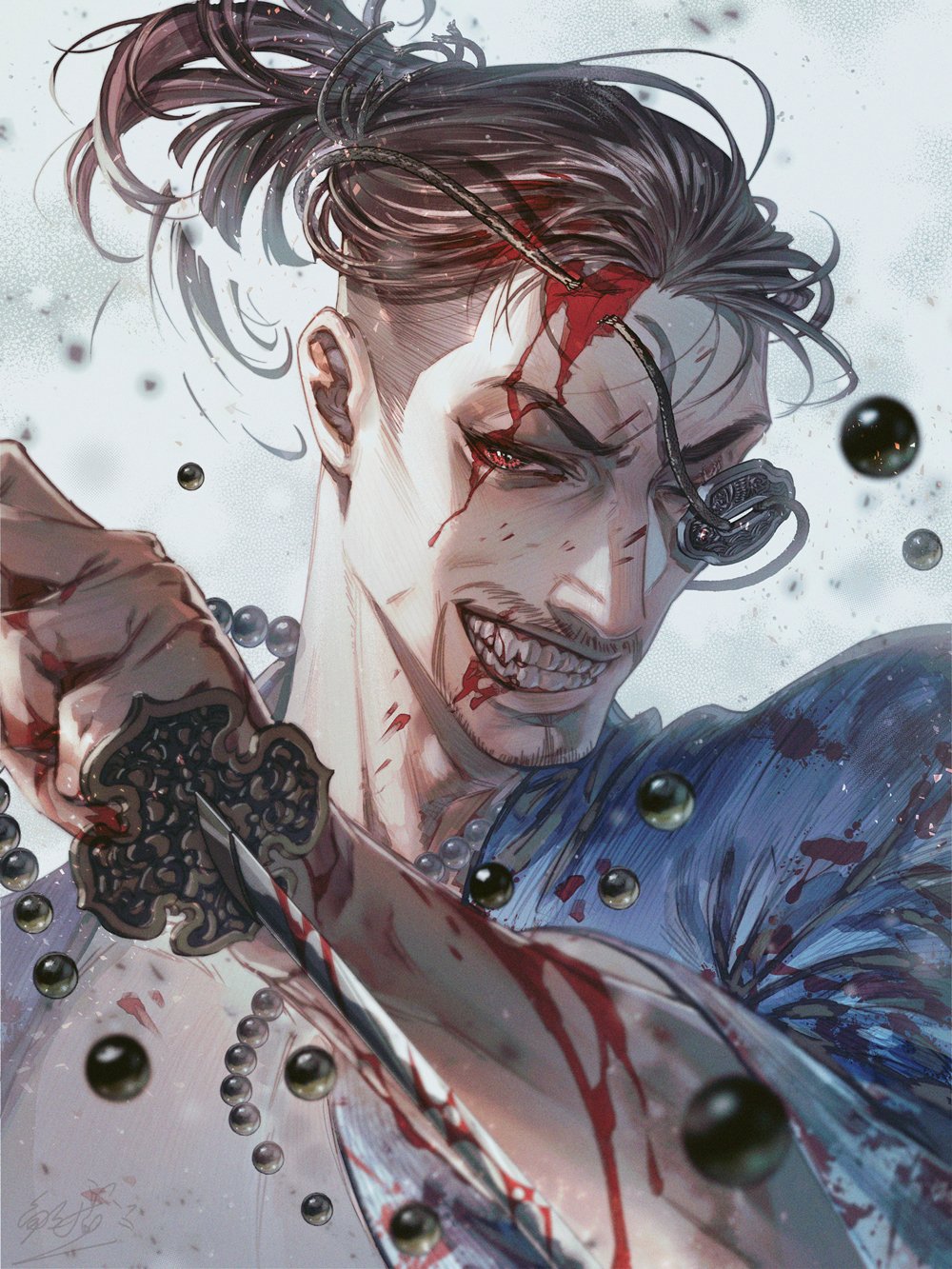 1boy, beads, blood, blood_on_face, blood_splatter, bloody_weapon, blue_jacket, eyepatch