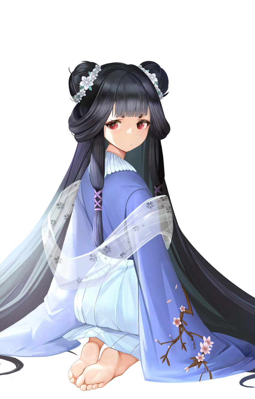 1girl, absurdres, bangs, barefoot, black_hair, blue_hakama, blue_kimono, blunt_bangs