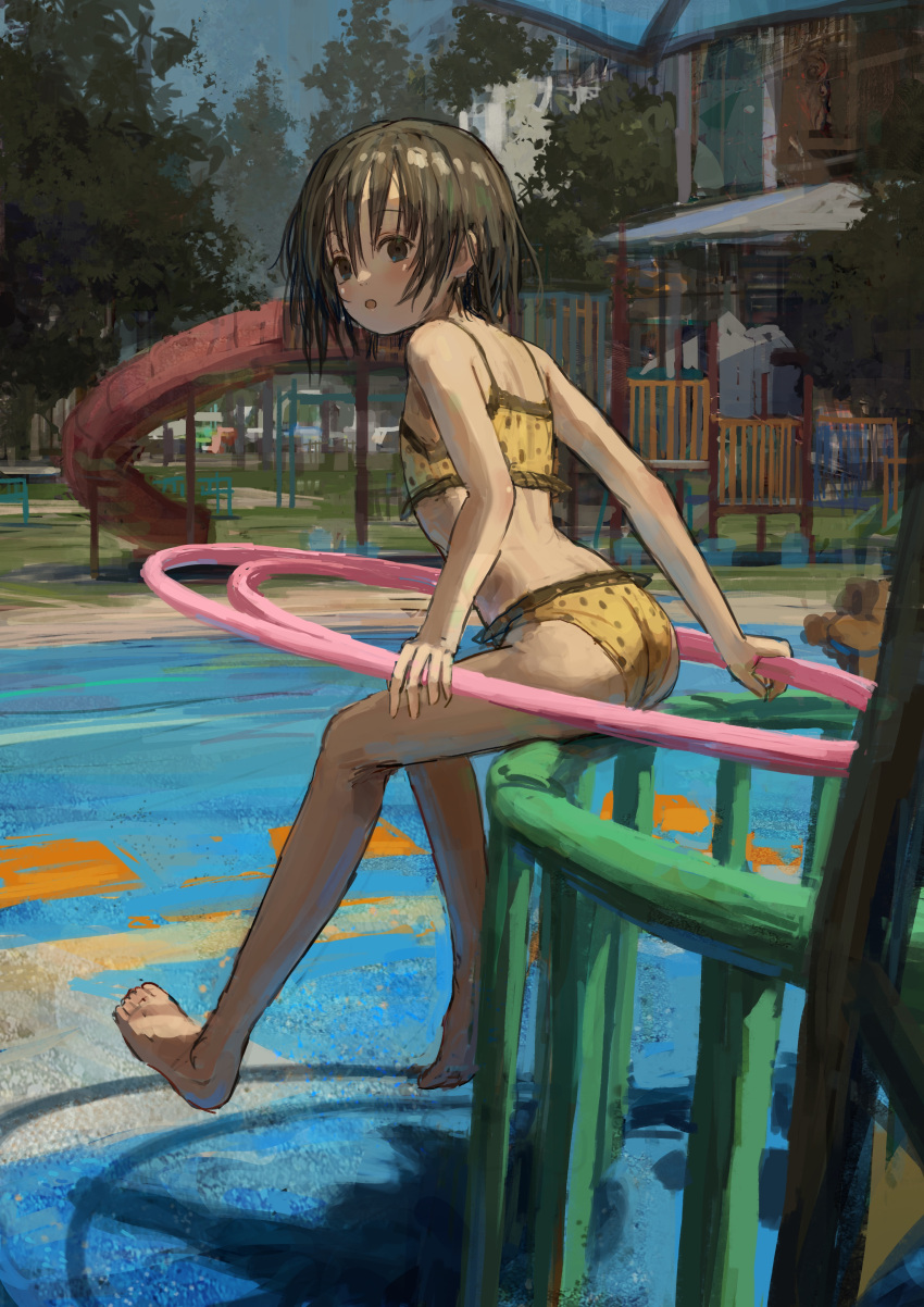 1girl, absurdres, bikini, black_eyes, black_hair, breasts, flat_chest, foop, groin, highres, loli, navel, open_mouth, original, pink_swimsuit, ribs, shion_(mirudakemann), short_hair, small_breasts, swimsuit, yellow_swimsuit