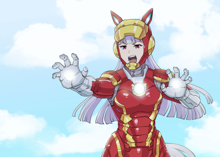 1girl, animal_ears, bangs, blue_sky, blunt_bangs, clouds, commentary_request, cosplay