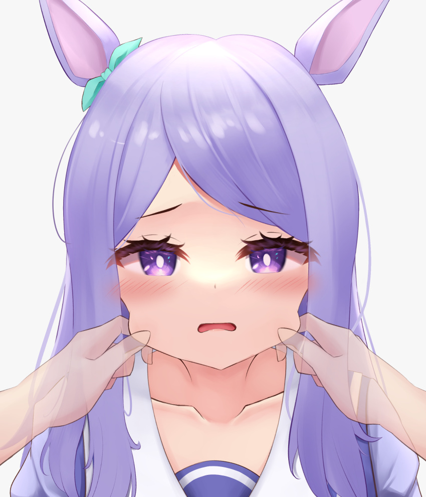 1girl, absurdres, animal_ears, arms_up, bangs, basil_yuzune, blush, bow, bright_pupils, cheek_pinching, eyebrows_visible_through_hair, green_bow, hair_bow, hands_up, highres, horse_ears, horse_girl, light_purple_hair, mejiro_mcqueen_(umamusume), neckerchief, open_mouth, pinching, pov, pov_hands, purple_hair, purple_serafuku, school_uniform, serafuku, shiny, shiny_hair, simple_background, solo_focus, swept_bangs, transparent_hand, umamusume, violet_eyes, white_background, white_pupils