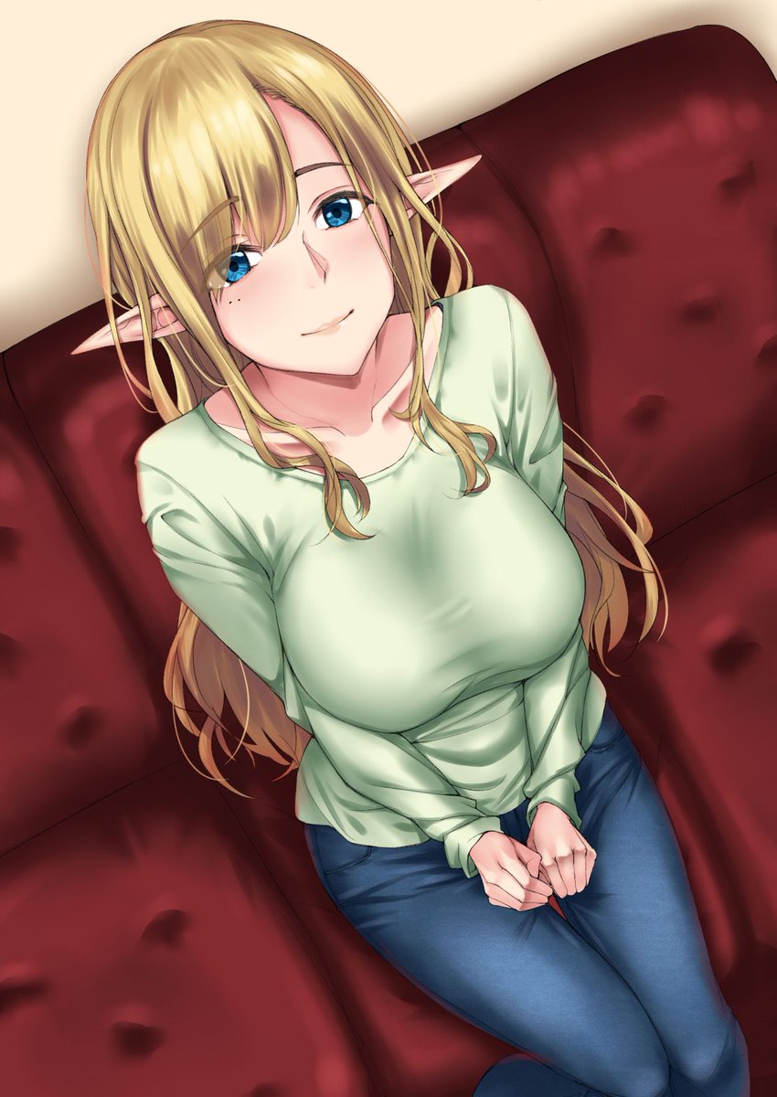 1girl, blonde_hair, blouse, blue_eyes, blush, breasts, closed_mouth, couch