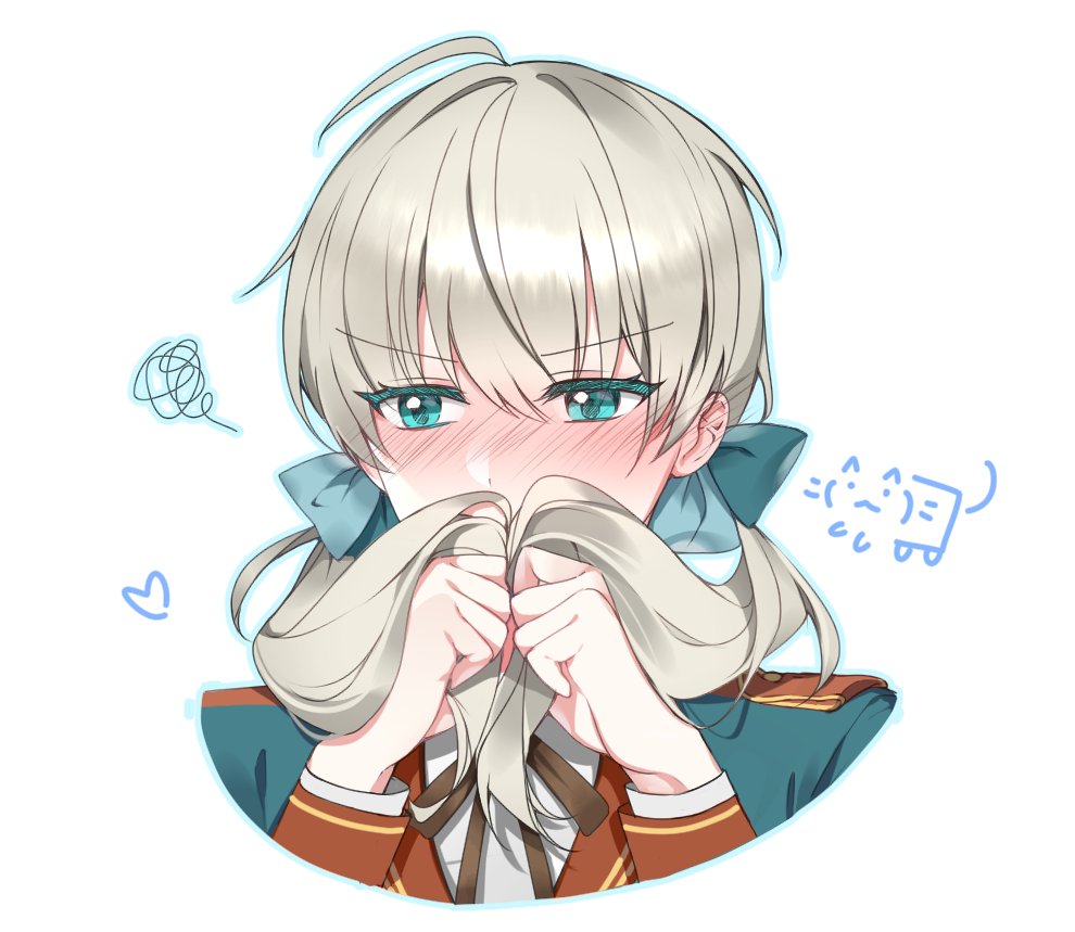 1girl, alternate_hair_length, alternate_hairstyle, bangs, blazer, blue_eyes, blue_jacket, blush, covering_mouth, embarrassed, eyebrows_visible_through_hair, full-face_blush, hair_behind_ear, heart, hime_gongju, holding, holding_hair, jacket, long_hair, nijisanji, nijisanji_kr, oh_jiyu, school_uniform, scribble, silver_hair, solo, twintails, virtual_youtuber