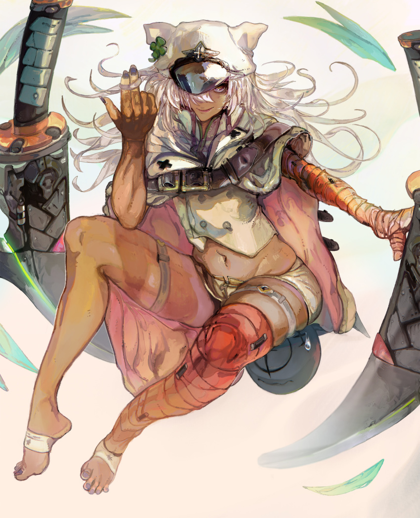 1girl, absurdres, aekutie, bandaged_arm, bandaged_leg, bandages, clover, dark-skinned_female