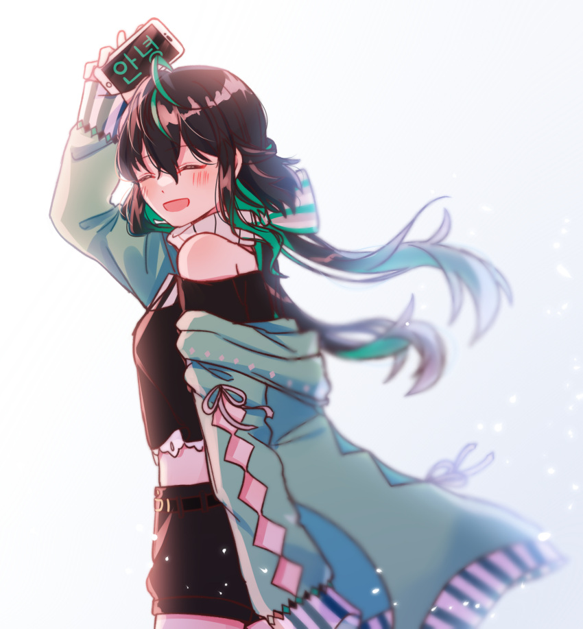 1girl, ^_^, absurdres, black_hair, black_shorts, black_tank_top, blush, bow