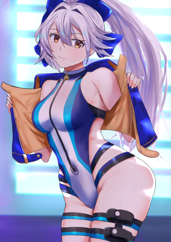 1girl, araimooah, bangs, blue_bow, blue_jacket, blue_swimsuit, bow, breasts