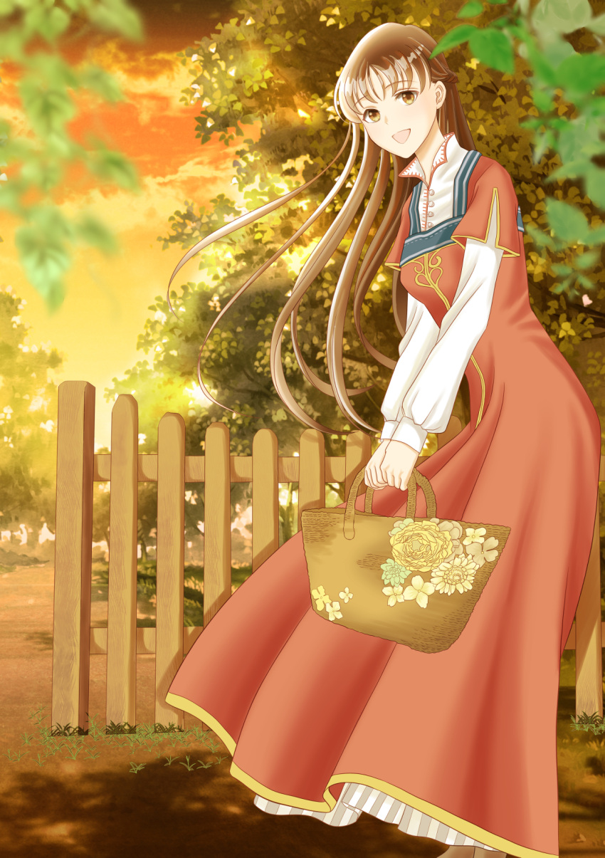 1girl, basket, brown_eyes, brown_hair, clouds, dress, fence, highres