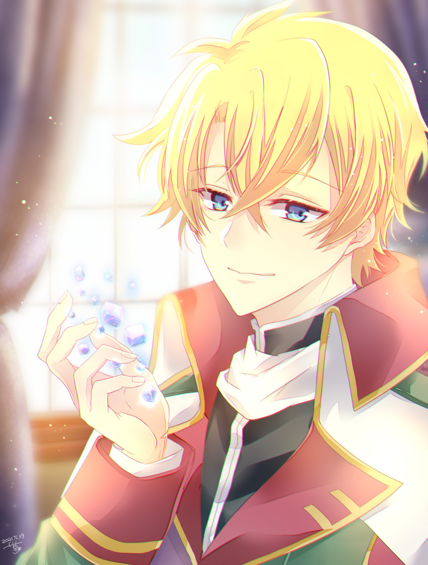 1boy, absurdres, alberto_hawk, blonde_hair, blue_eyes, blurry, blurry_background, curtains