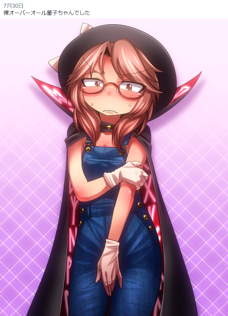 1girl, blue_overalls, bow, breasts, brown_hair, cloak, embarrassed, feet_out_of_frame