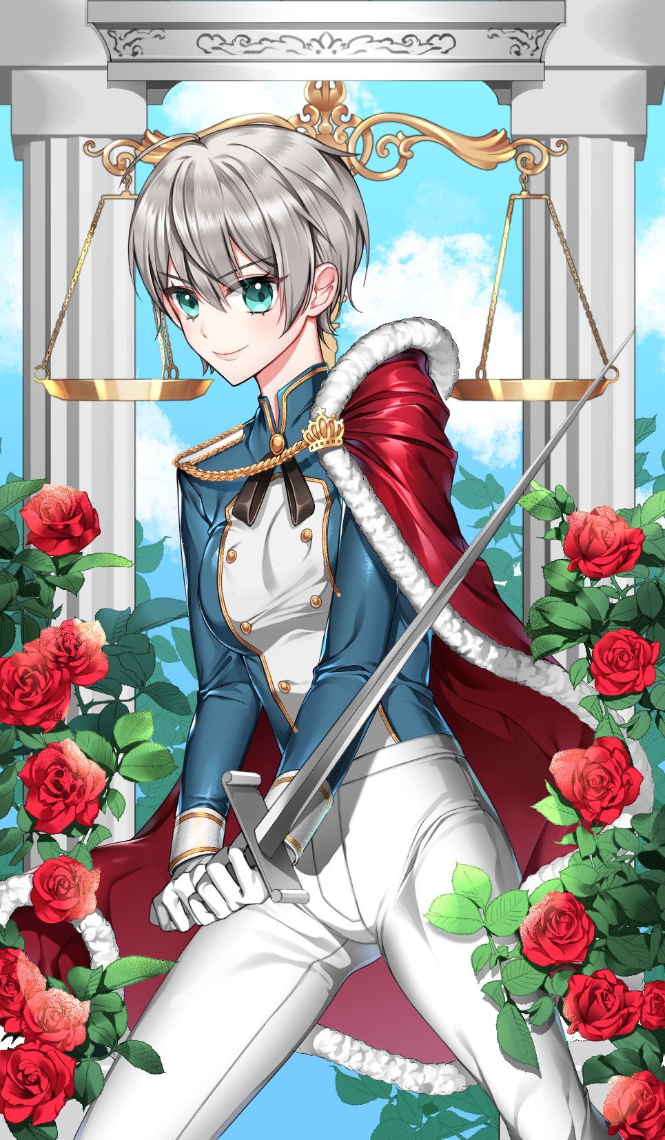 1girl, blue_eyes, blue_jacket, breasts, capelet, flower, gloves, hair_behind_ear, highres, hime_gongju, holding, holding_sword, holding_weapon, jacket, korean_commentary, medium_breasts, nijisanji, nijisanji_kr, oh_jiyu, pants, red_capelet, red_flower, red_rose, rose, short_hair, silver_hair, smile, solo, sword, virtual_youtuber, weapon, white_gloves, white_pants