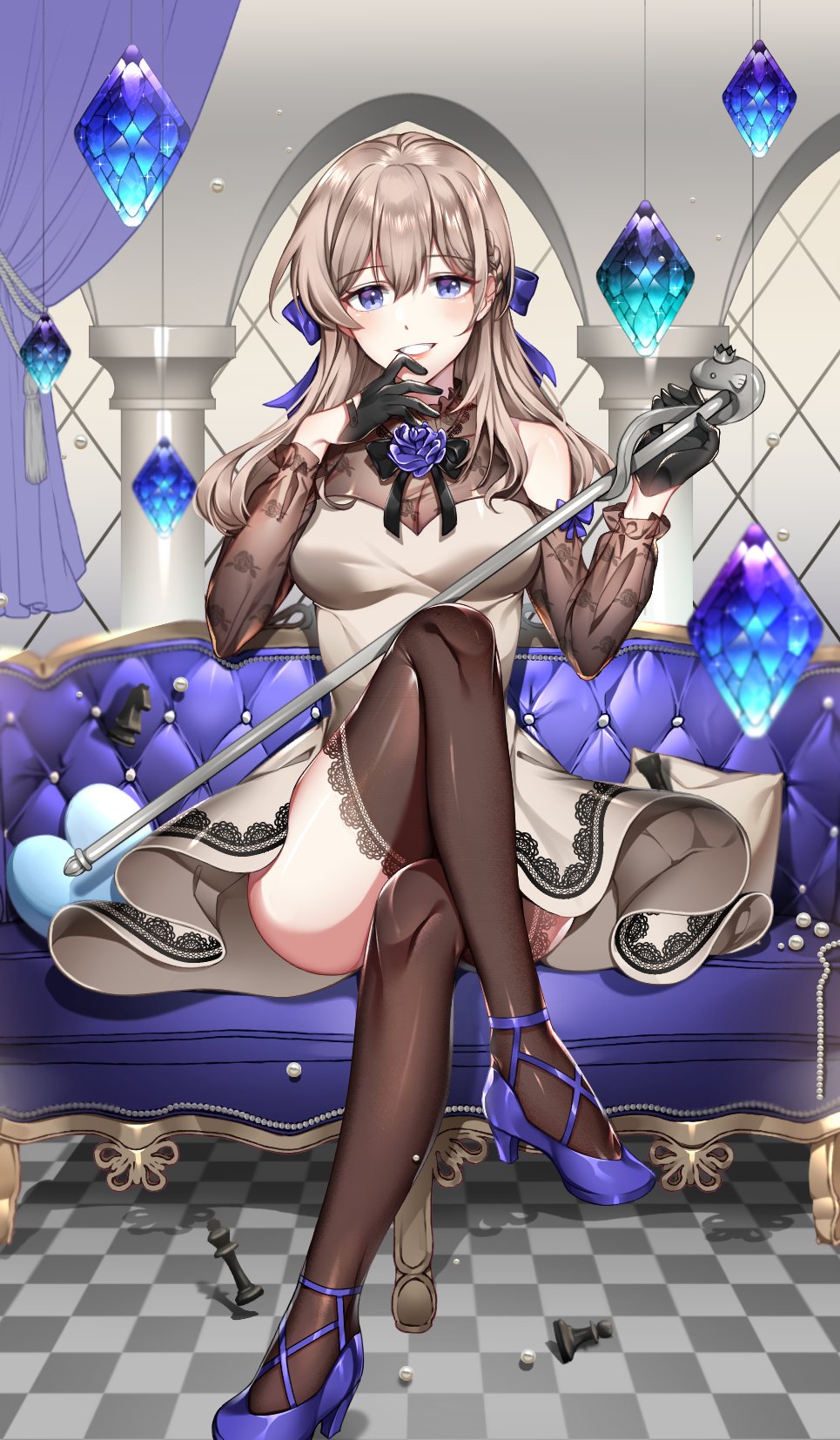 1girl, bangs, black_legwear, blonde_hair, blue_eyes, blue_footwear, breasts, couch
