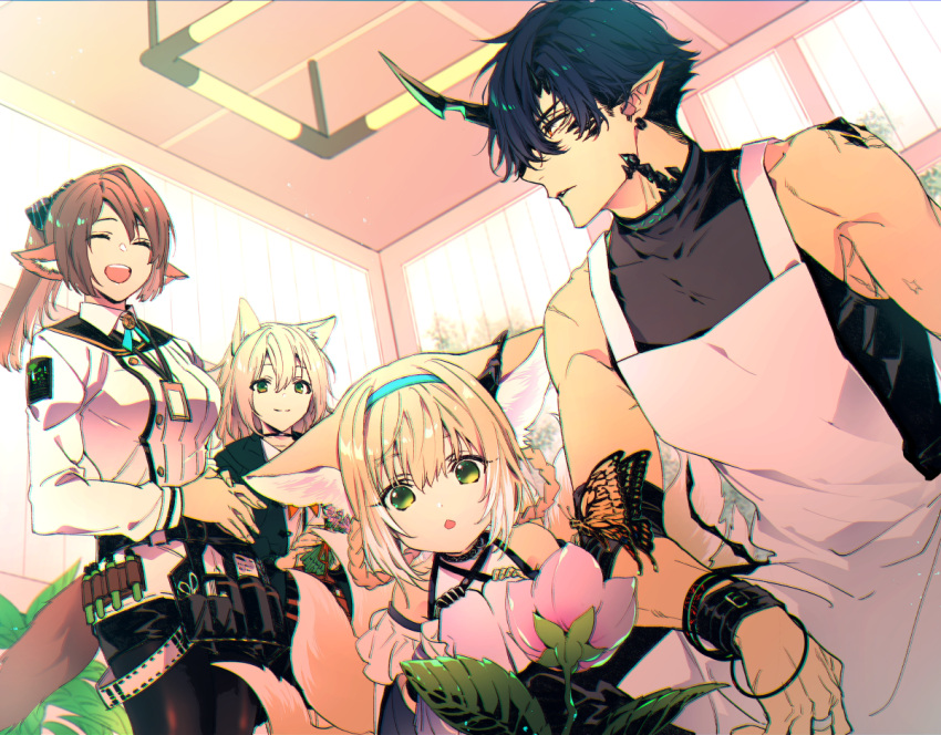 1boy, 3girls, animal_ear_fluff, animal_ears, apron, arknights, bangs, bare_shoulders