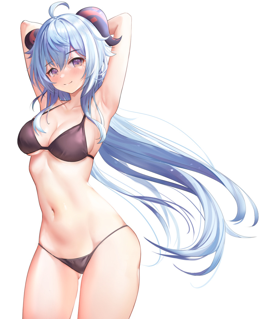 1girl, ahoge, armpits, arms_behind_head, arms_up, ass_visible_through_thighs, bare_arms, bare_shoulders