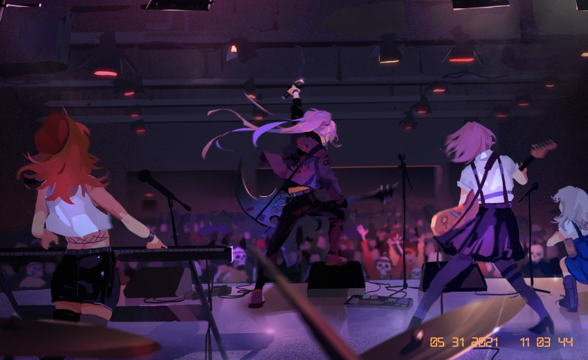 4girls, audience, band, concert, crop_top, crowd, electric_guitar, gawr_gura