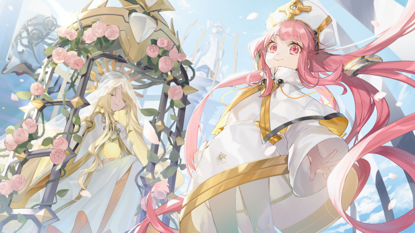 2girls, alchemy_stars, blonde_hair, blue_sky, cage, capelet, closed_eyes, closed_mouth