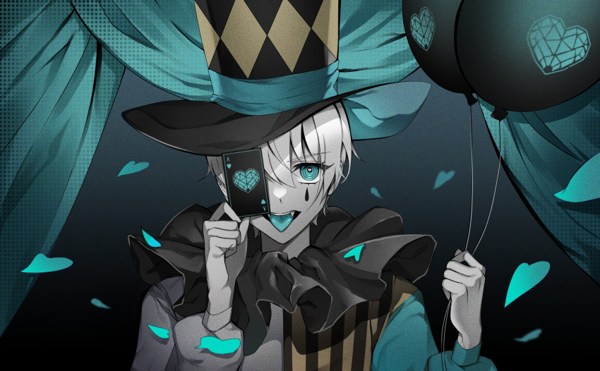 1girl, balloon, bangs, blue_tongue, card, colored_tongue, envy_baby_(vocaloid), eyebrows_visible_through_hair