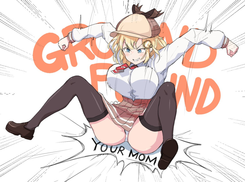 blonde_hair, blue_eyes, bouncing_breasts, breasts, brown_headwear, brown_skirt, clenched_hands, collared_shirt, detective, evil_grin, evil_smile, falling, grin, ground_pound, hat, hololive, hololive_english, large_breasts, md5_mismatch, monocle, necktie, shirt, sinensian, skirt, smile, socks, thighs, watson_amelia, white_shirt