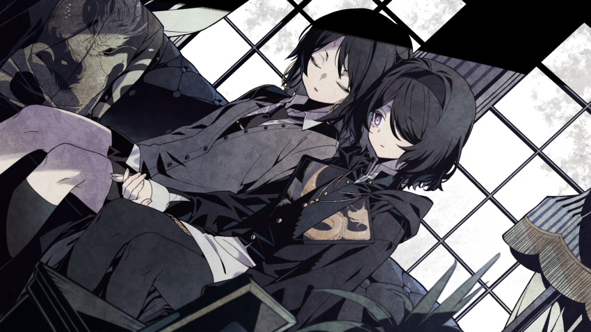 2girls, alchemy_stars, black_coat, black_hair, black_legwear, black_neckwear, black_shirt, black_skirt
