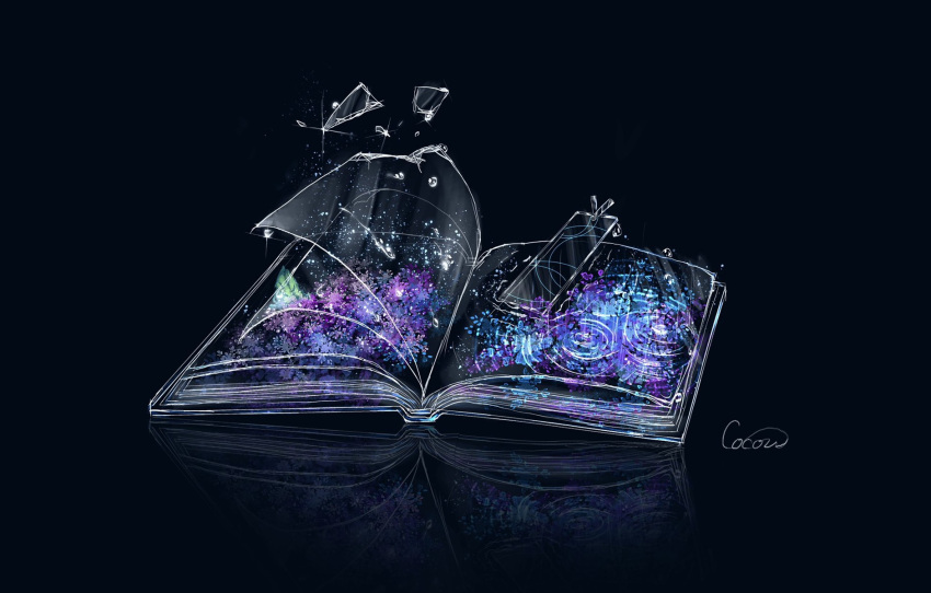 book, bookmark, broken_glass, cocon_(cocon_q), dark_background, glass, highres, no_humans