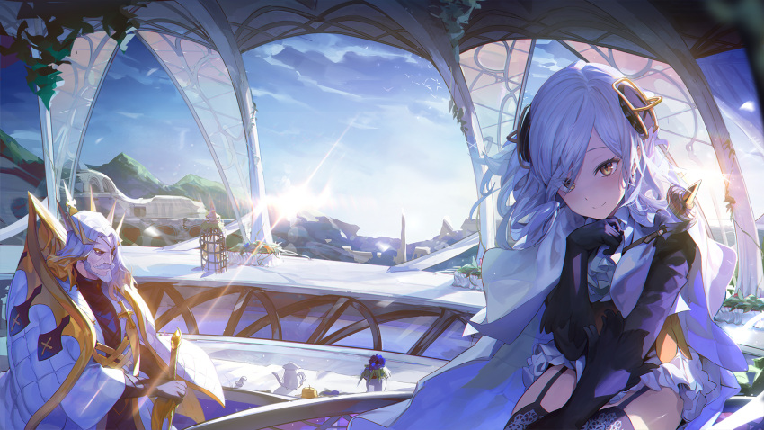 1boy, 2girls, alchemy_stars, ascot, bird, black_gloves, black_legwear, black_shirt