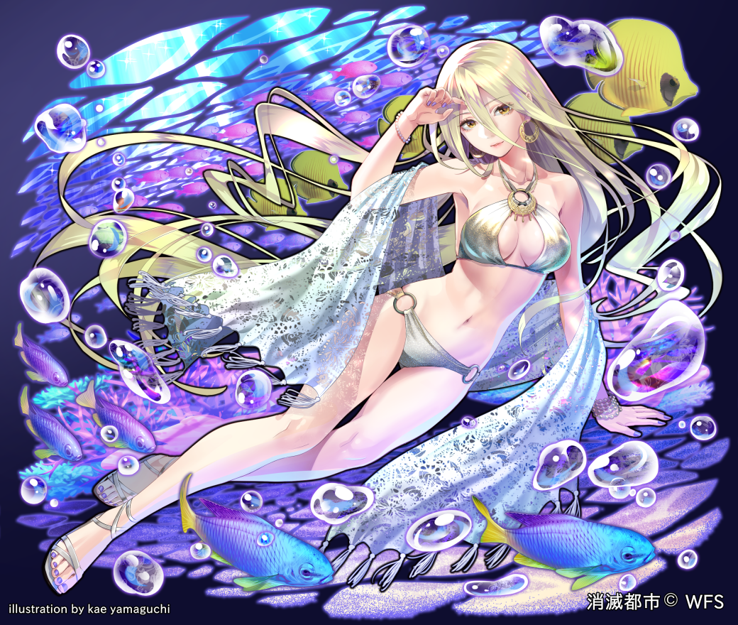 adjusting_hair, arm_support, bare_shoulders, bikini, blonde_hair, bracelet, breasts, breasts_apart