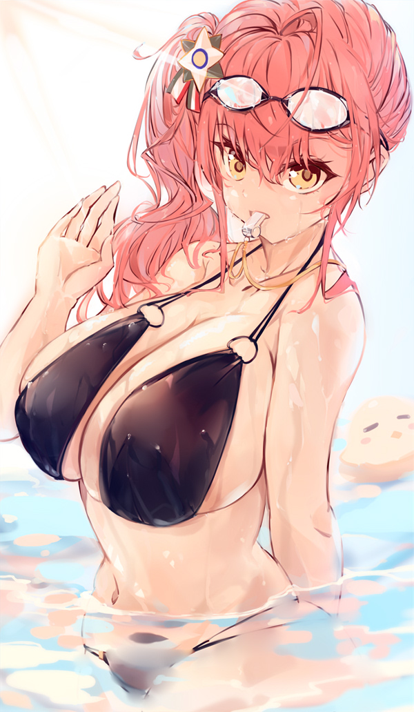 1girl, azur_lane, bikini, black_bikini, breasts, goggles, goggles_on_head, huge_breasts