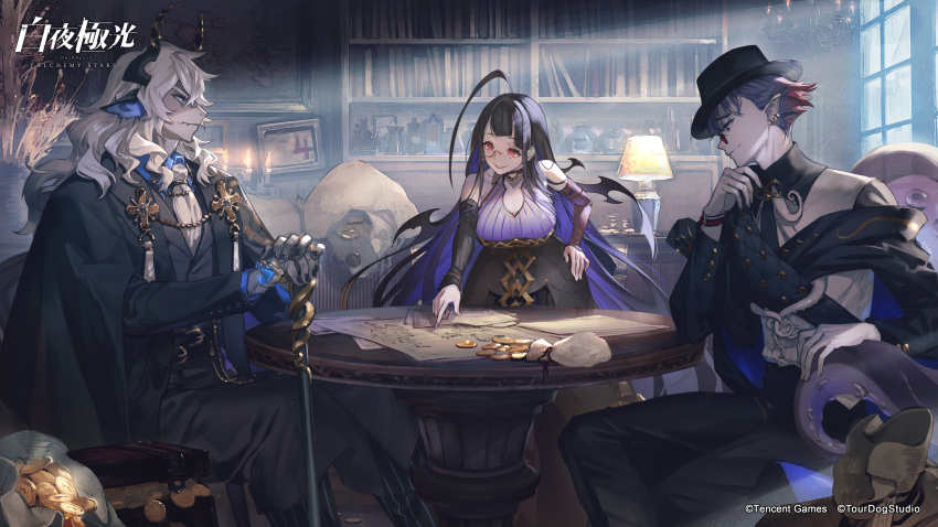 1girl, 2boys, absurdres, alchemy_stars, animal_ears, antenna_hair, black_cape, black_coat, black_dress, black_hair, black_headwear, black_nails, black_neckwear, black_pants, black_shirt, blue_eyes, blue_shirt, book, bookshelf, breasts, candle, cape, chair, chandelier, cleavage_cutout, closed_mouth, clothing_cutout, coat, coin, collared_shirt, colored_skin, demon_wings, detached_sleeves, dress, earrings, fangs, fedora, feet_out_of_frame, formal, frown, glasses, grey_skin, halterneck, hand_on_own_chin, hand_up, hat, highres, holding_walking_stick, horns, indoors, istvan_(alchemy_stars), jewelry, kleken_(alchemy_stars), lamp, large_breasts, light_particles, light_rays, long_hair, mismatched_sleeves, monocle, multicolored_hair, multiple_boys, necktie, official_art, pants, paper, picture_frame, pointing, pointy_ears, red_eyes, redhead, sash, sheol_(alchemy_stars), shirt, short_hair, sitting, smile, streaked_hair, suit_jacket, sunbeam, sunlight, table, tentacles, tinted_eyewear, umiu_geso, walking_stick, watch, watch, white_hair, white_neckwear, white_shirt, window, wings