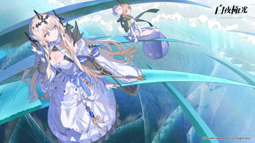 2girls, absurdres, alchemy_stars, animal_on_shoulder, aspara, bare_shoulders, bethlehem_(alchemy_stars), blonde_hair