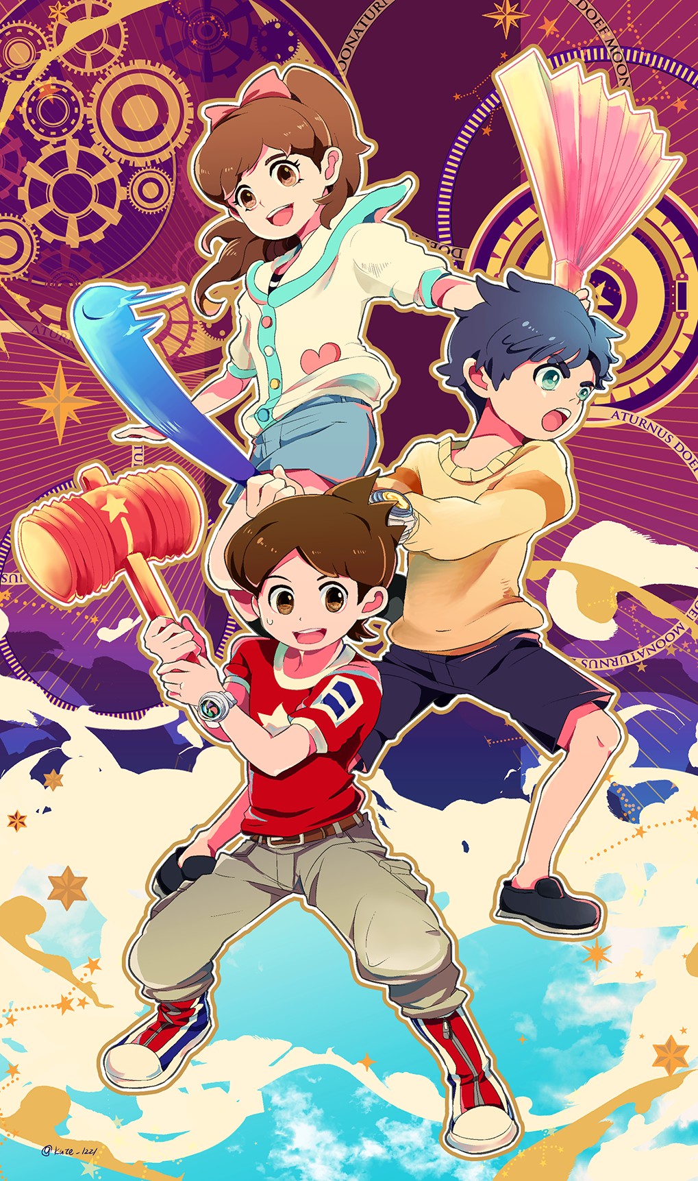 1girl, 2boys, amano_keita, baseball_bat, beige_sweater, boots, brown_hair, cargo_pants