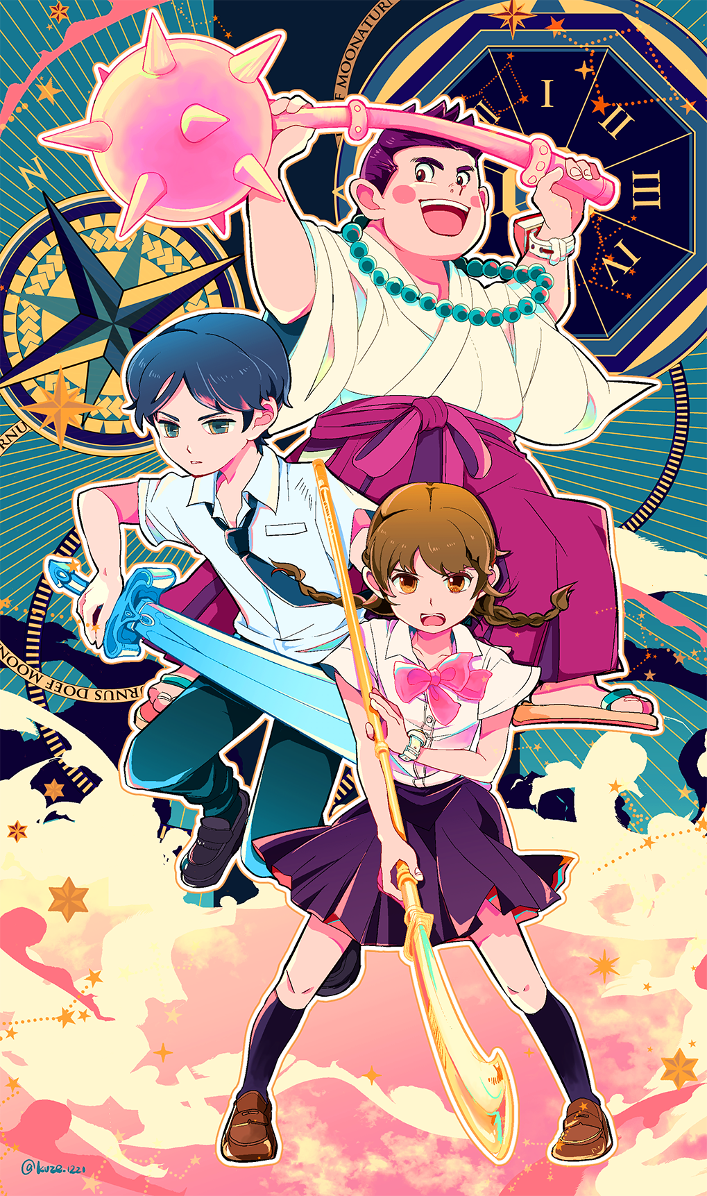 1girl, 2boys, akinori_arihoshi, amano_natsume, black_legwear, black_skirt, blue_hair, blue_neckwear, blue_pants, bow, bowtie, braid, clock, clouds, compass, fat, feet, fukumino85, highres, loafers, mace, multiple_boys, naginata, pants, polearm, purple_hair, roman_numeral, sandals, school_uniform, serious, shirt, shoes, short_hair, shouting, skirt, smile, star_(symbol), sword, touma_tsukinami, twin_braids, watch, weapon, white_shirt, youkai_watch, youkai_watch_(object), youkai_watch_4